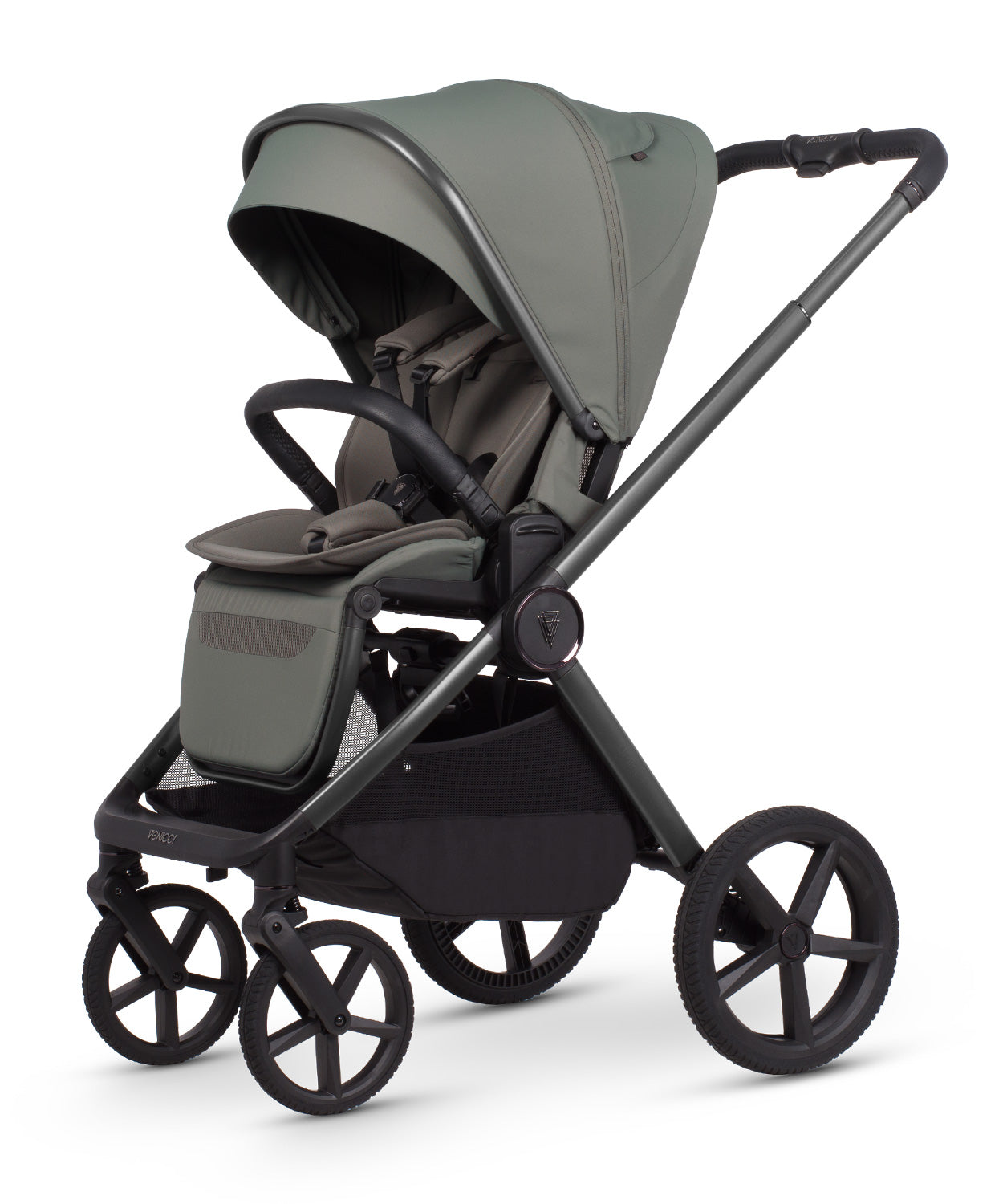 Modern charcoal-gray venicci upline 3 stroller with sleek black frame canopy and storage basket in aloe 4 in 1 travel system