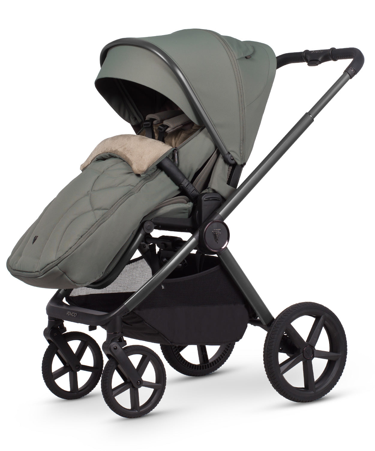 Venicci upline 3 travel system aloe olive green quilted stroller with black metal frame and wheels front view