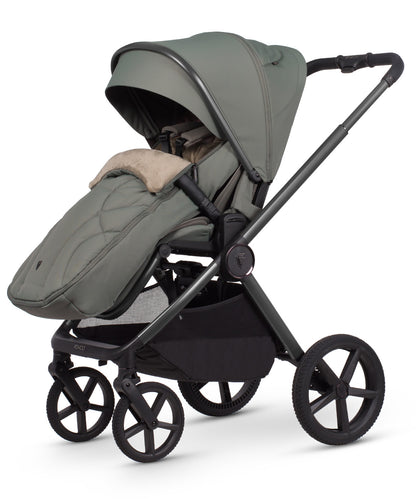 Venicci upline 3 travel system aloe olive green quilted stroller with black metal frame and wheels front view
