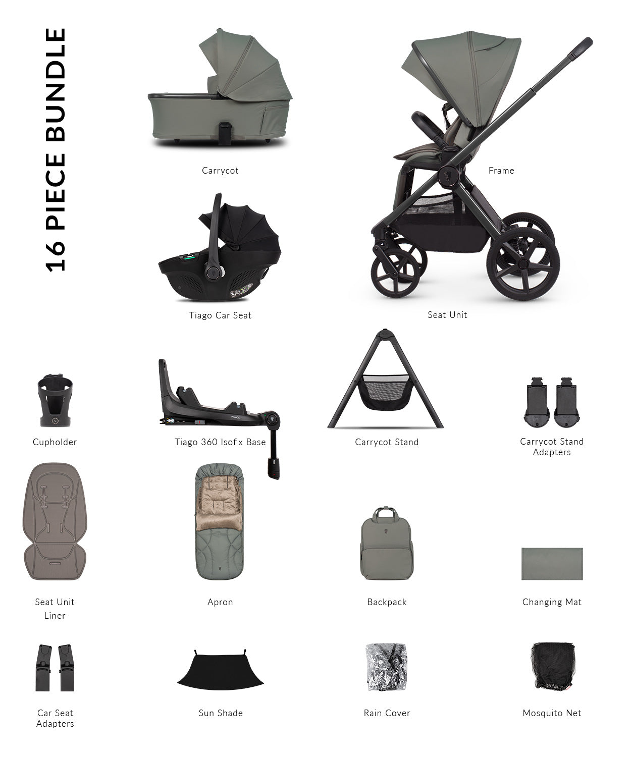 Venicci Upline 3 Travel System in Aloe – 4 in 1 Plus with Home Stand | Ultimate 16 Piece Bundle