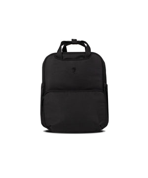 Black nylon laptop backpack with top handle and front pocket featured in venicci upline 3 onyx 2 in 1 pushchair product