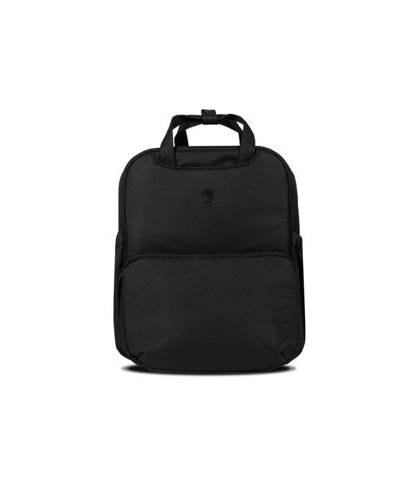 Black nylon laptop backpack with top handle and front pocket featured in venicci upline 3 onyx 2 in 1 pushchair product