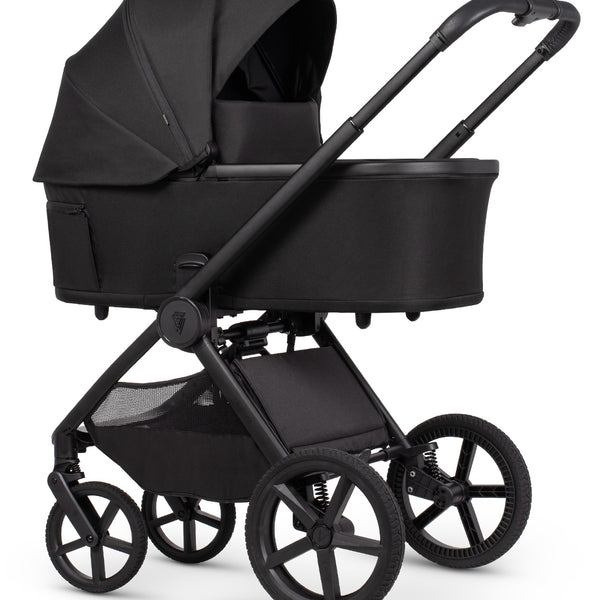Venicci upline 3 onyx 2 in 1 pushchair black baby stroller with sleek modern design and matte finish shown from the back side