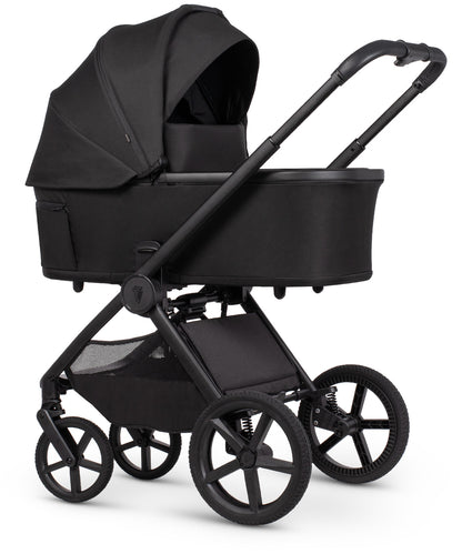 Venicci upline 3 onyx 2 in 1 pushchair black baby stroller with sleek modern design and matte finish shown from the back side