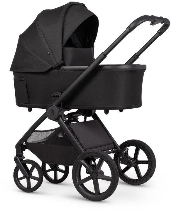 Venicci upline 3 onyx 2 in 1 pushchair black baby stroller with sleek modern design and matte finish shown from the back side