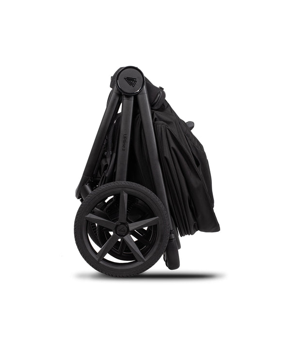 Venicci Upline 3 travel system foldable black stroller with black metal frame and spoked wheels in onyx color