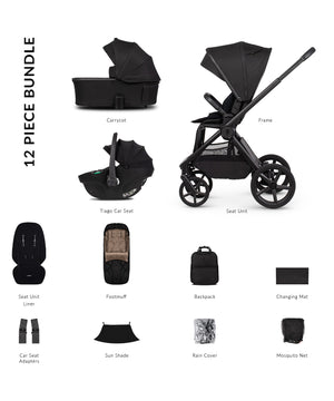 Black venicci upline 3 travel system stroller with sleek frame and four wheels in onyx with 12 piece comfort bundle