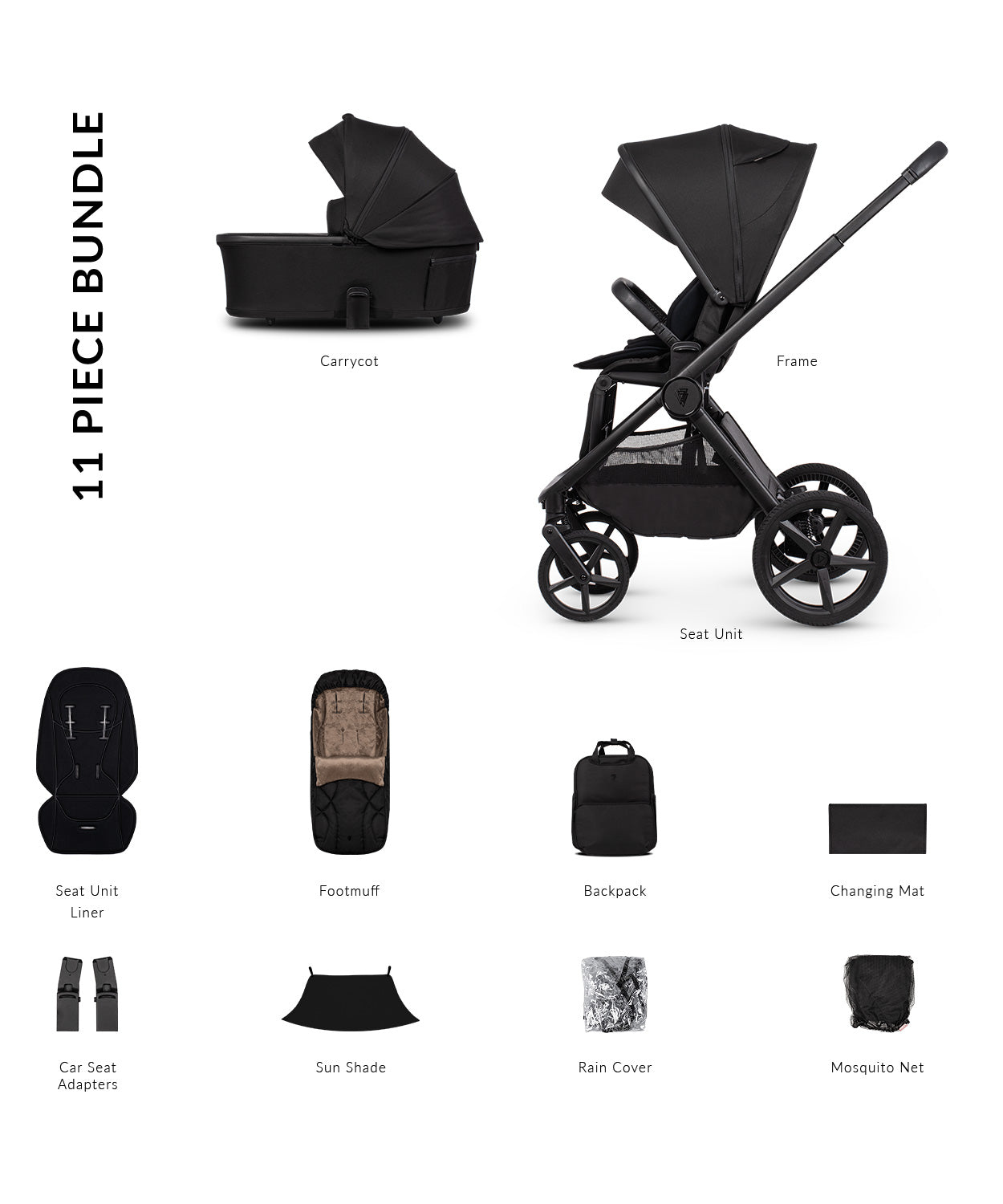 Venicci upline 3 onyx 2 in 1 pushchair with a sleek black frame and four wheels shown from the back side