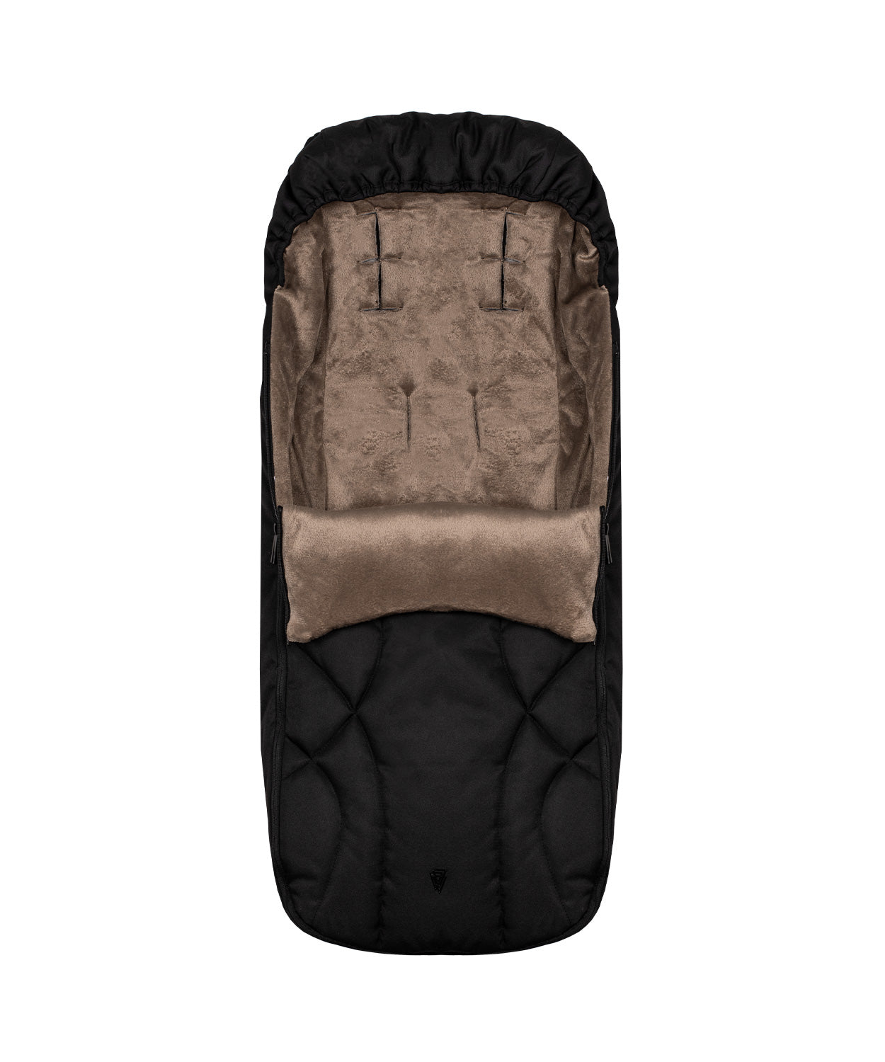 Black and beige quilted baby stroller cover with patterned fabric interior for venicci upline 3 travel system in onyx