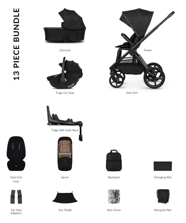 Black tiago stroller with sleek frame and four wheels from venicci upline 3 travel system in onyx with luxury bundle