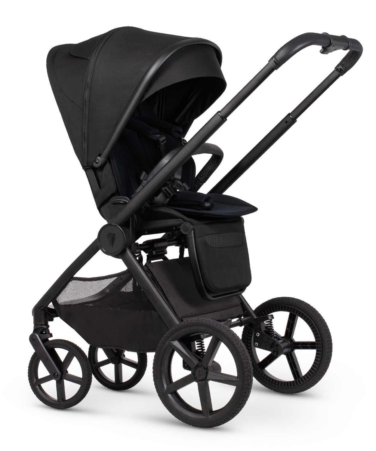 Black venicci upline 3 onyx 2 in 1 pushchair with sleek modern design and matte finished metal frame shown from the back