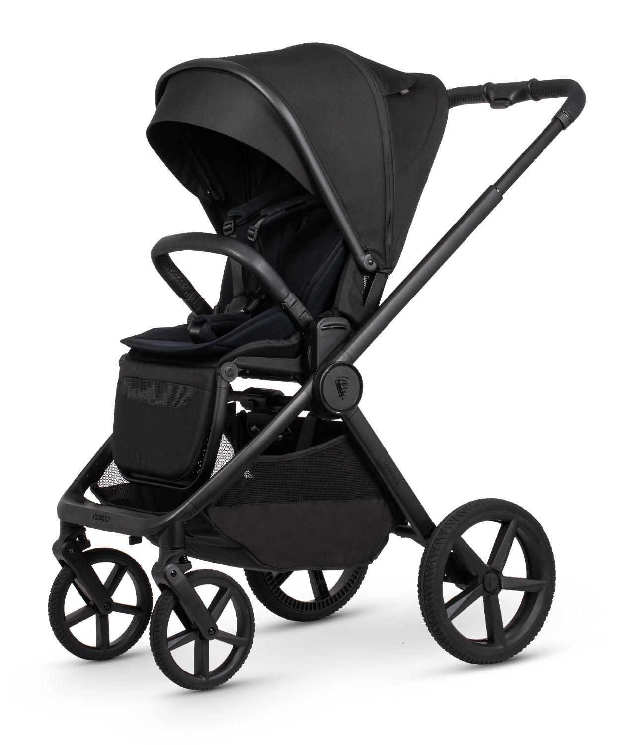 Black venicci upline 3 stroller with sleek matte finish featuring a modern design in onyx color shown from the back
