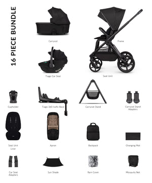 Black tiago 360 stroller with sleek frame and four wheels in venicci upline 3 travel system onyx 4 in 1 plus bundle