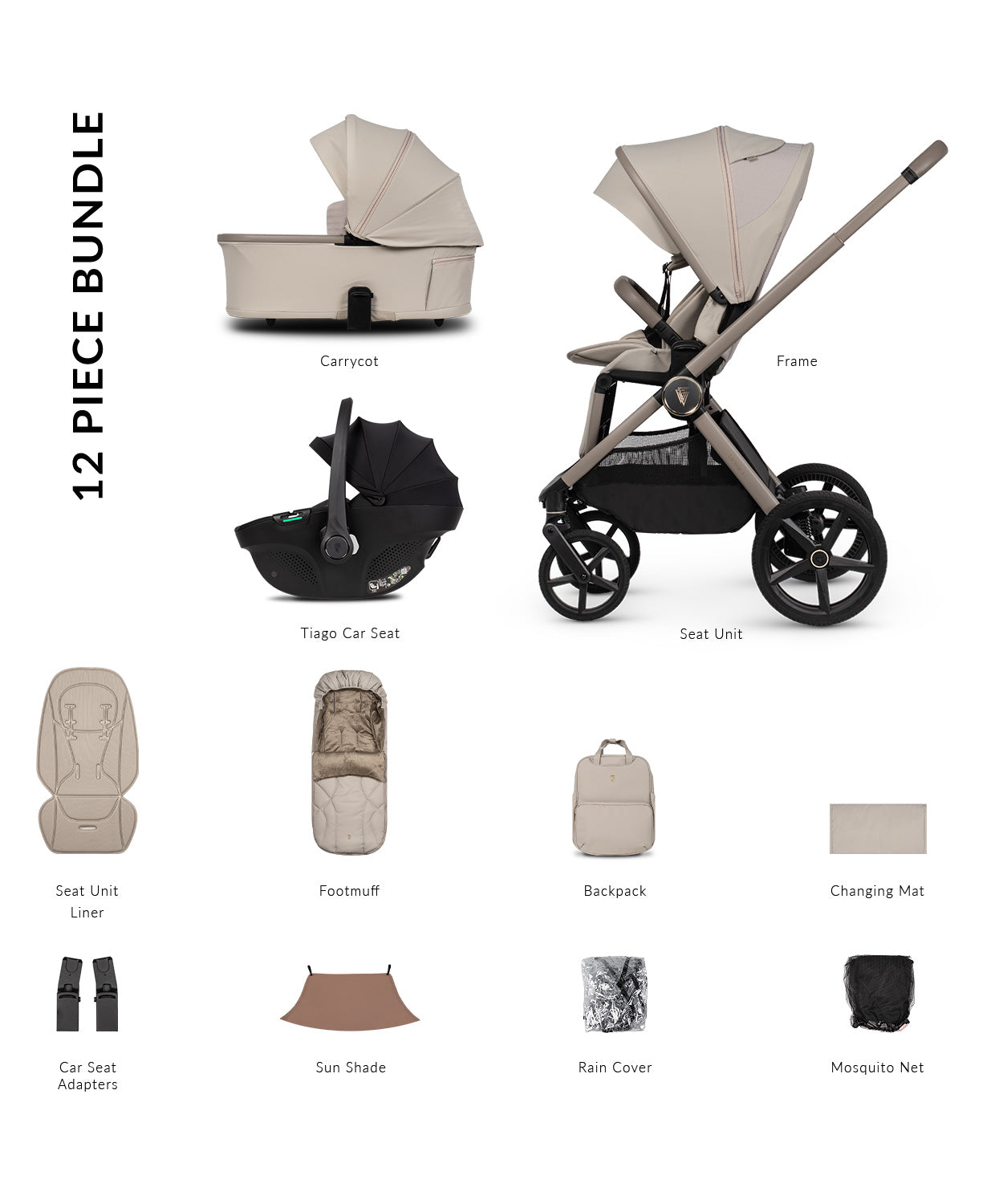 Beige and black venicci upline 3 12-piece baby stroller bundle with carrycot seat unit car seat and accessories in pebble