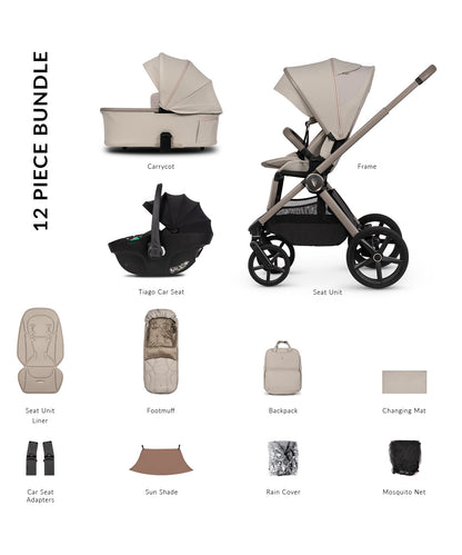 Beige and black venicci upline 3 12-piece baby stroller bundle with carrycot seat unit car seat and accessories in pebble