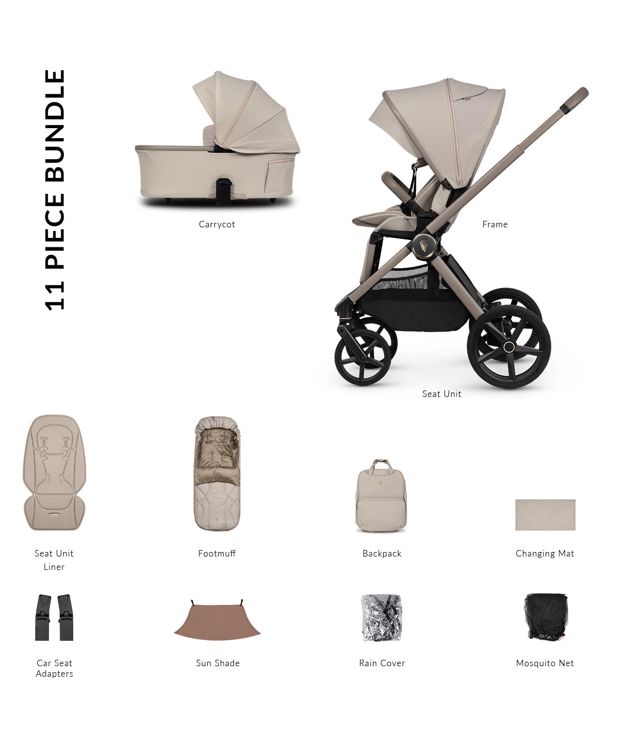 Beige Venicci Upline 3 Pebble 2 in 1 pushchair with black wheels and matching carrycot shown from the back side