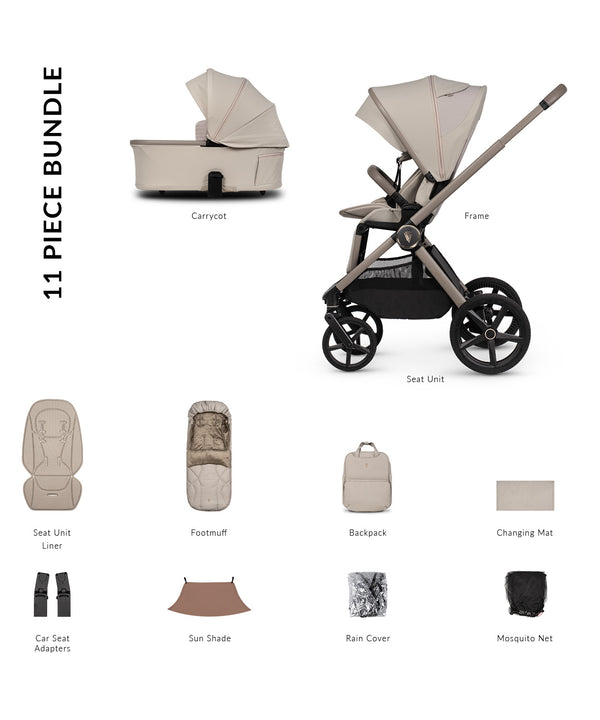 Beige Venicci Upline 3 Pebble 2 in 1 pushchair with black wheels and matching carrycot shown from the back side