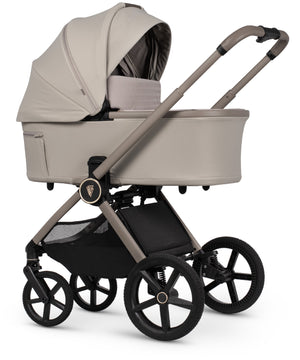 Beige fabric-lined venicci upline 3 baby pram with black frame and wheels in pebble 4 in 1 travel system luxury bundle