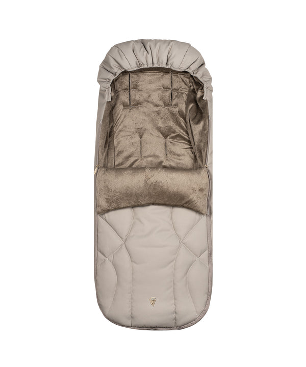 Beige quilted baby sleep sack with plush textured inner lining and padded hood for venicci upline 3 pebble pushchair