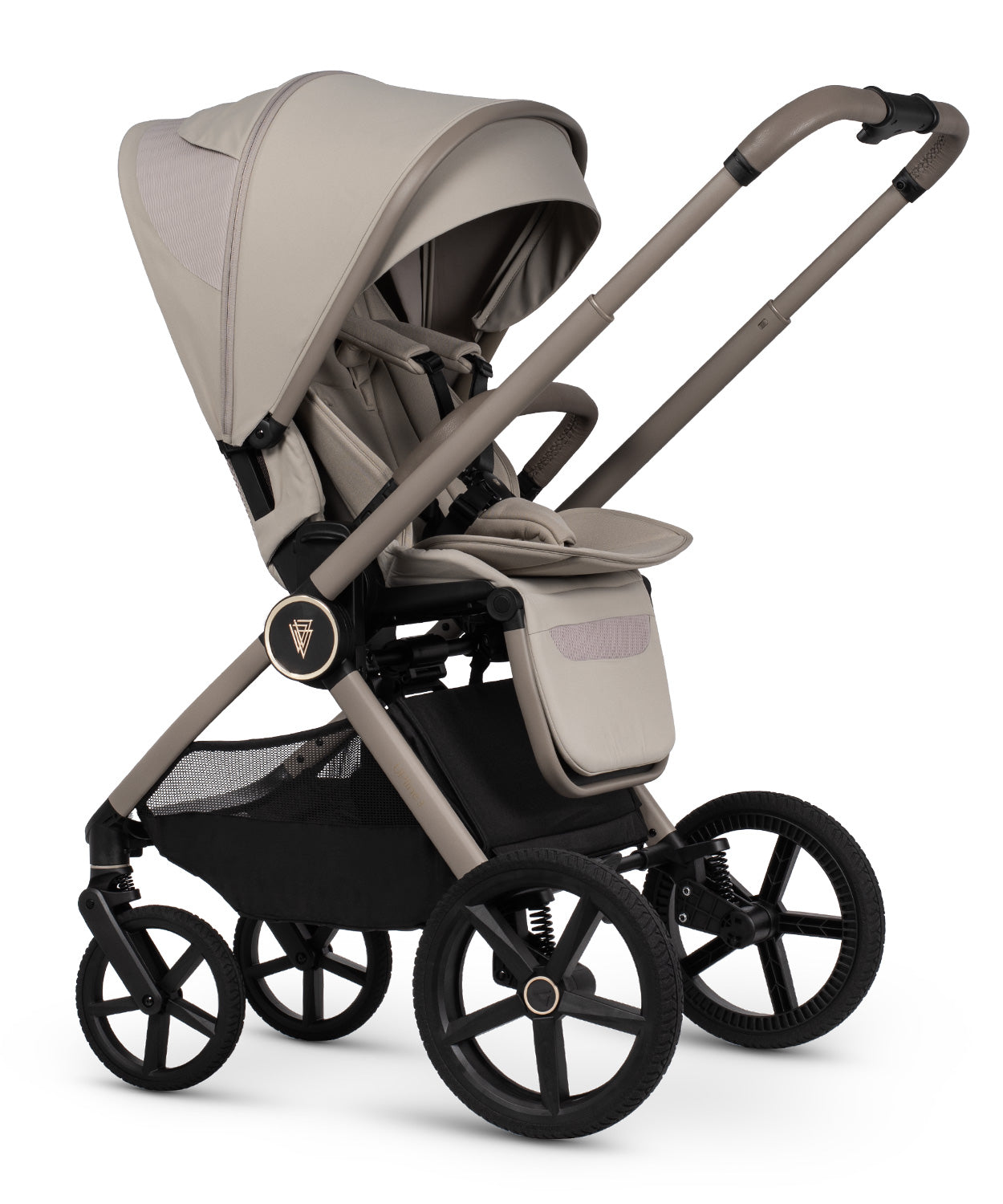 Beige and black venicci upline 3 travel system stroller with fabric canopy padded seat and sturdy wheels in pebble color