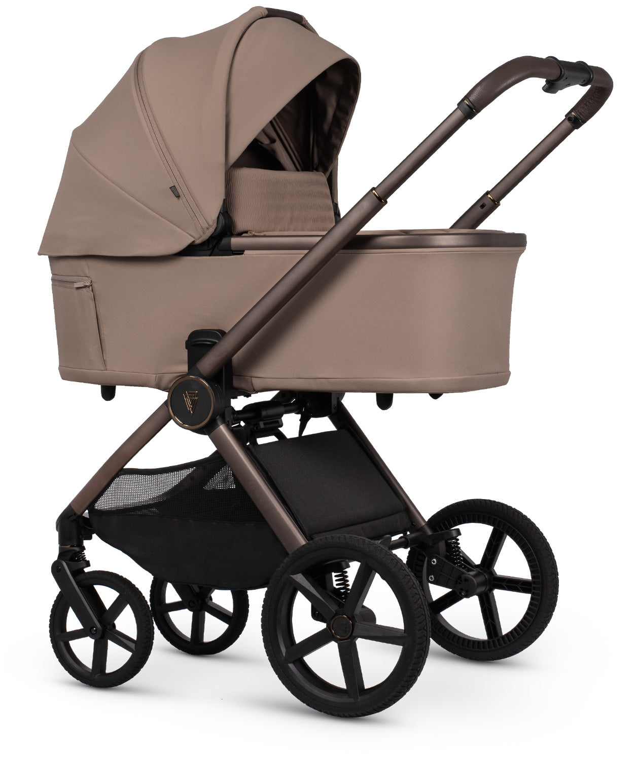 Venicci Upline 3 Travel System in sand with beige and black modern stroller, curved canopy, and sturdy metal frame