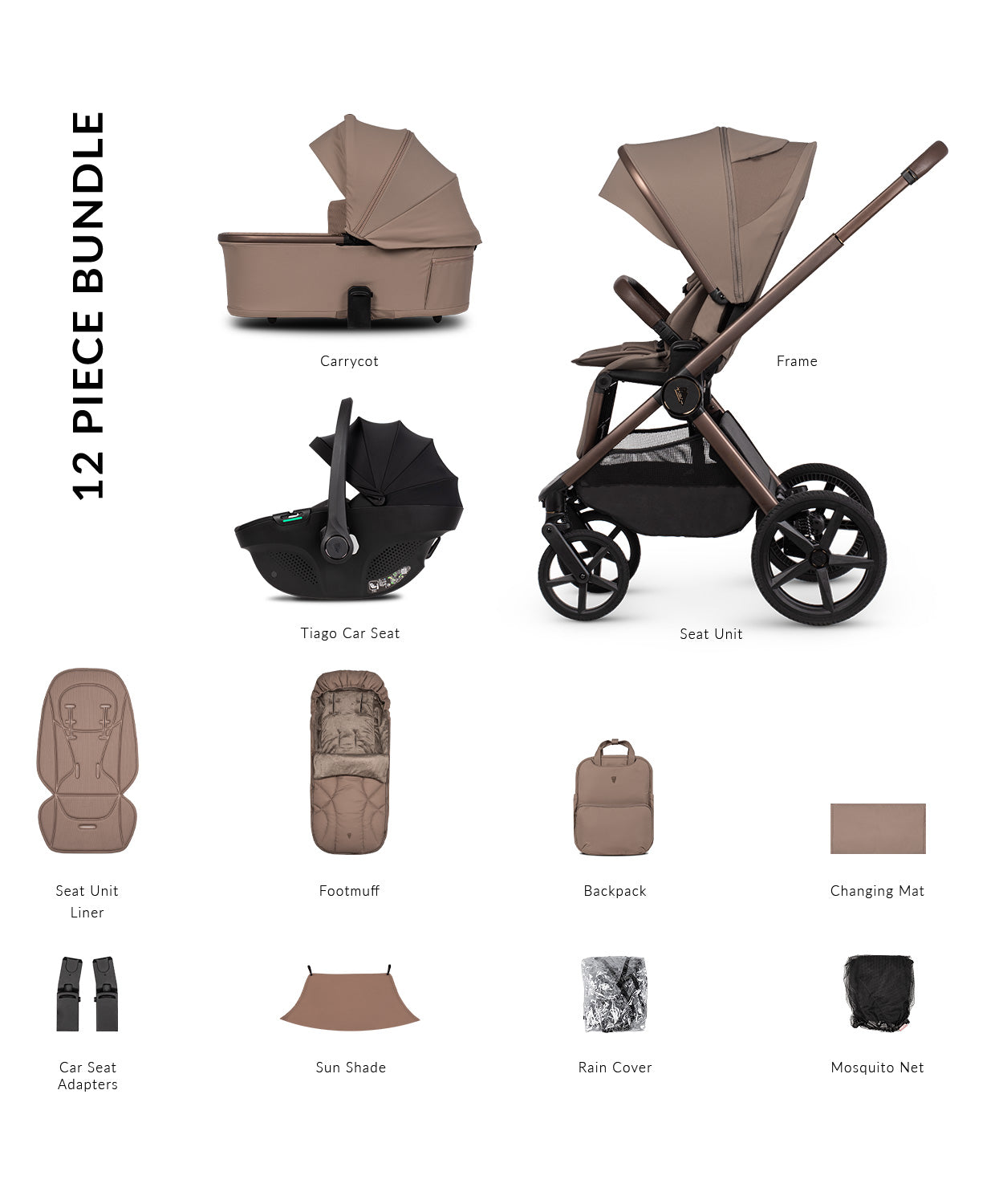 Venicci upline 3 travel system sleek modern stroller with matte taupe fabric and dark bronze metallic accents