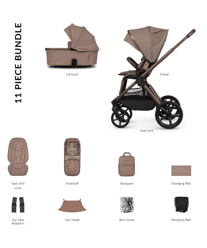 Venicci Upline 3 Sand 2 in 1 pushchair with matte taupe fabric canopy and dark bronze metallic frame