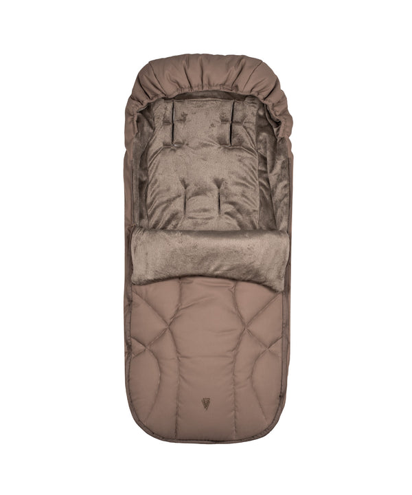 A plush taupe-colored baby sleeping bag with quilted exterior and velvet lining from venicci upline 3 travel system sand