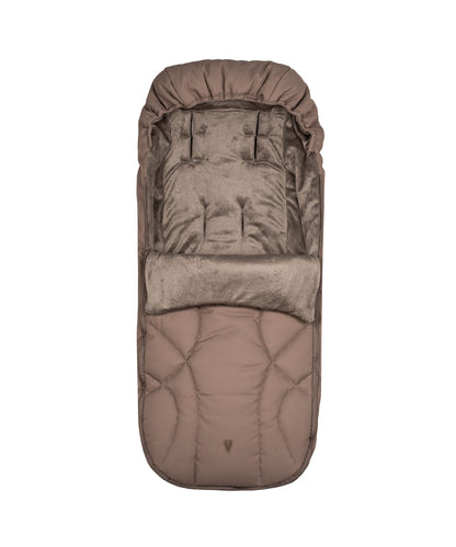 A plush taupe-colored baby sleeping bag with quilted exterior and soft velvet lining from venicci upline 3 travel system