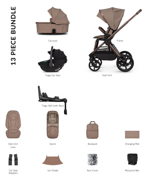 Venicci upline 3 travel system in sand with sleek modern stroller frame matte taupe canopy and black wheels