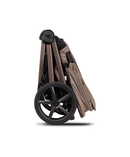 Brown and black foldable stroller with sleek modern design venicci upline 3 travel system in sand 4 in 1 plus bundle