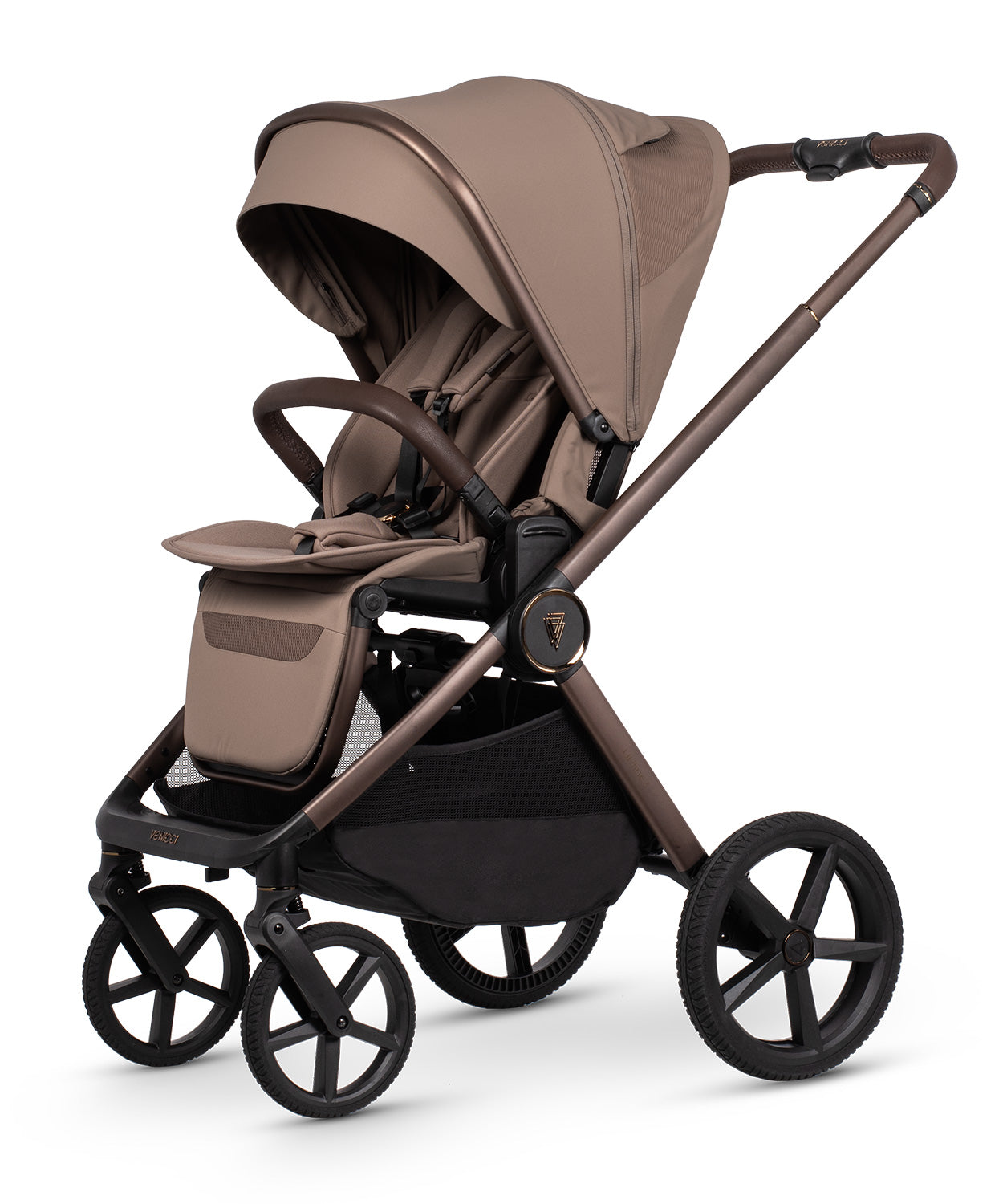 Venicci upline 3 travel system stroller in sand with taupe canopy black wheels and metallic bronze frame