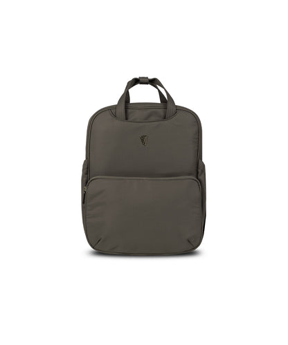 Olive green nylon backpack with top handle and front zippered pocket for venicci upline 3 truffle 2 in 1 pushchair
