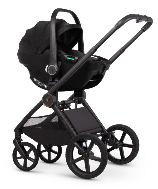 Venicci upline 3 travel system black infant car seat stroller with sleek metallic frame and matte black wheels