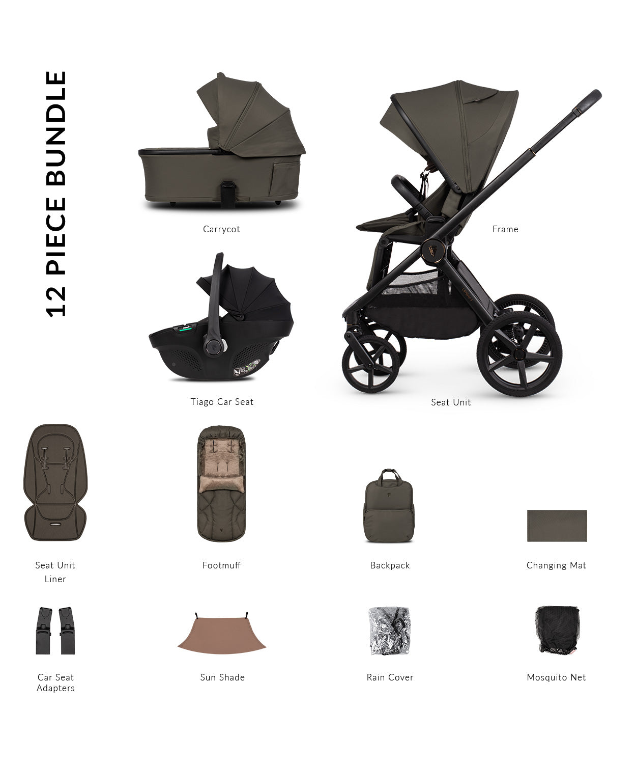 Venicci upline 3 travel system sleek modern stroller with olive green canopy and black frame with 12 piece comfort bundle