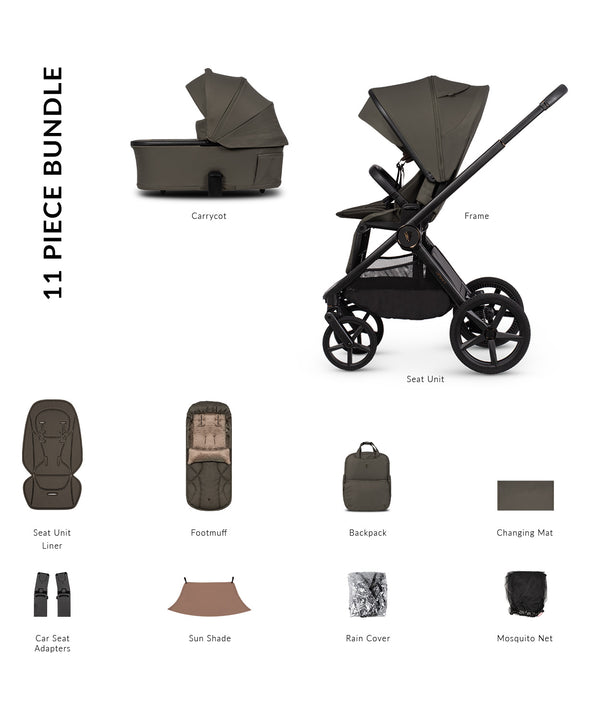 Venicci Upline 3 Truffle 2 in 1 pushchair with a sleek matte black frame and olive green canopy for modern strolling