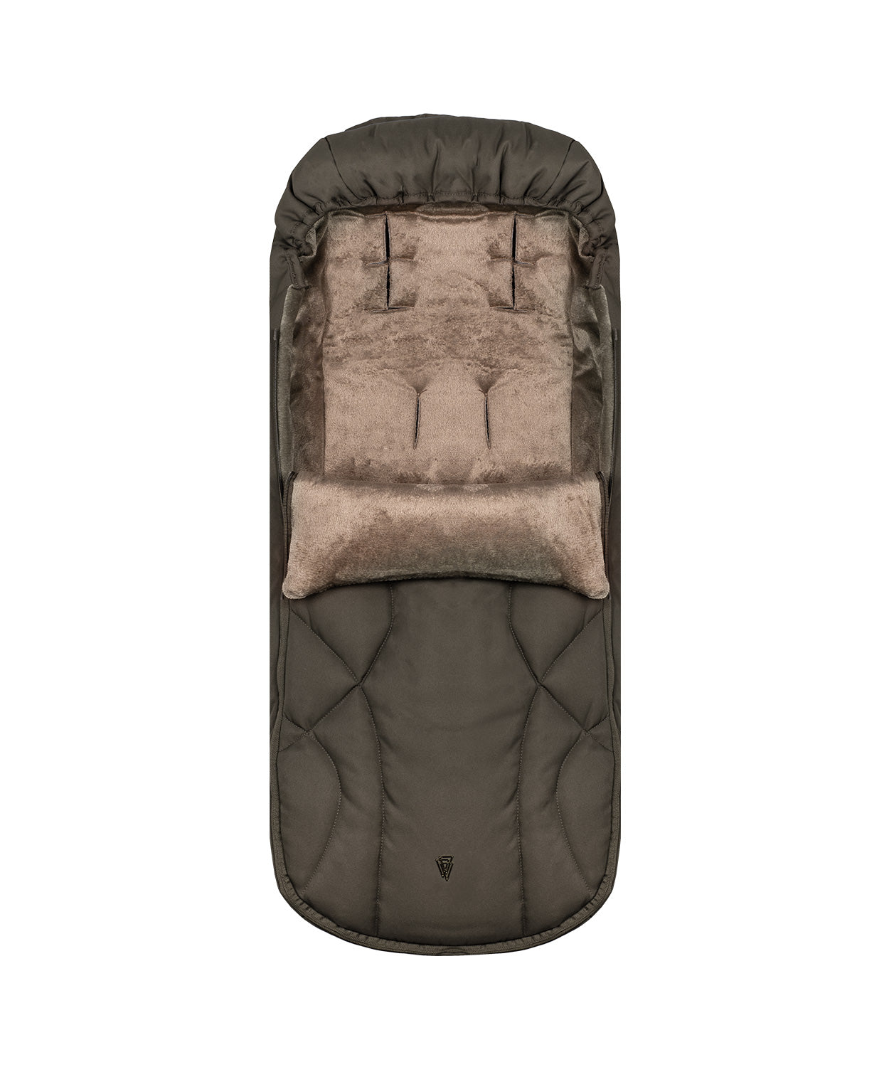 Olive green quilted baby sleep sack with plush beige interior and matching pillow from venicci upline 3 travel system truffle