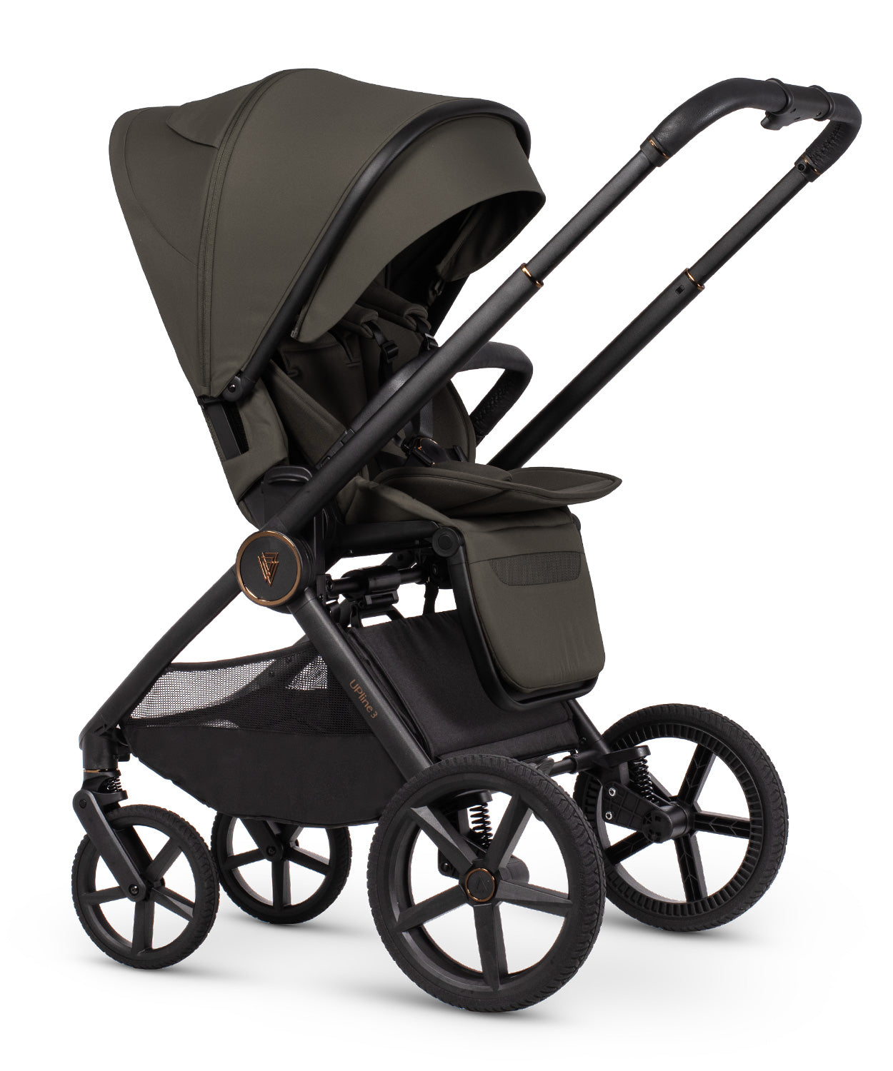 Venicci Upline 3 Truffle 2 in 1 pushchair in black and olive green with canopy adjustable handlebars and spoked wheels