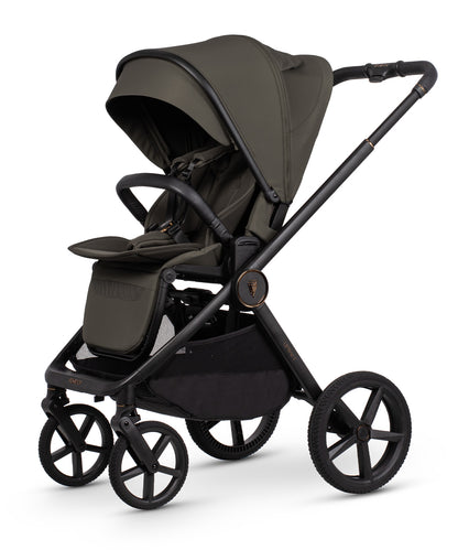 Venicci Upline 3 Truffle 2 in 1 pushchair with black frame and olive green canopy and fabric seat front view