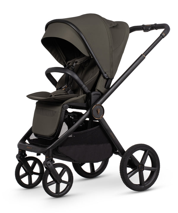 Black venicci upline 3 travel system stroller with olive green canopy and matching fabric seat in truffle color