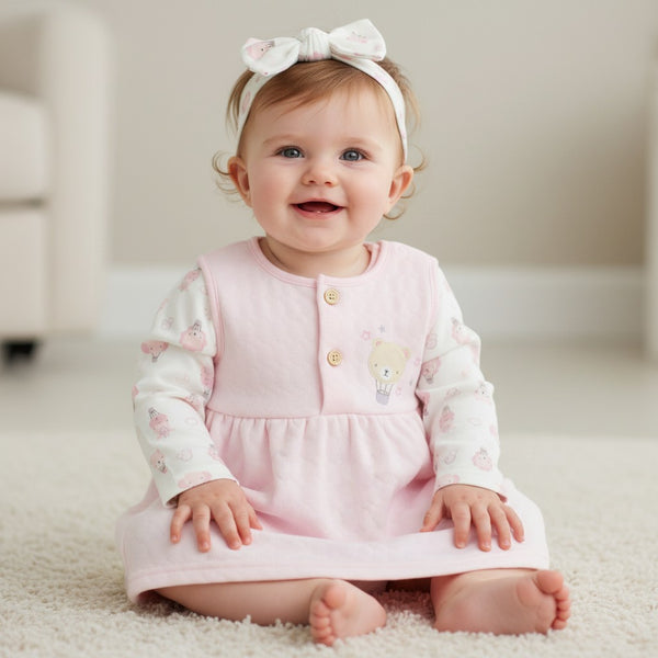 Baby Girls Quilted Teddy Pinafore, Top & Headband 3 Piece Set – Pink