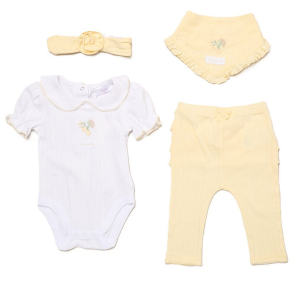 Lemon & White Ribbed Baby Girls Four Piece Outfit