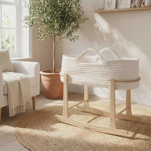 Clair de Lune Crochet Moses Basket with Wooden Rocking Stand – White