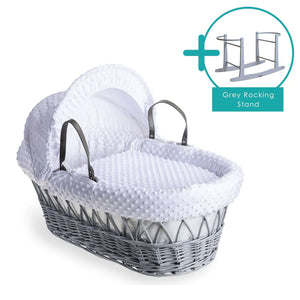 Baby Grey Wicker Moses Basket in White Dimple By Clair De Lune