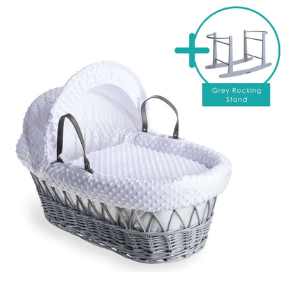 Baby Grey Wicker Moses Basket in White Dimple By Clair De Lune
