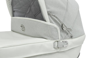 Bebecar Stylo Class Privé baby carriage with silver glitter fabric white leather trim and chrome hardware