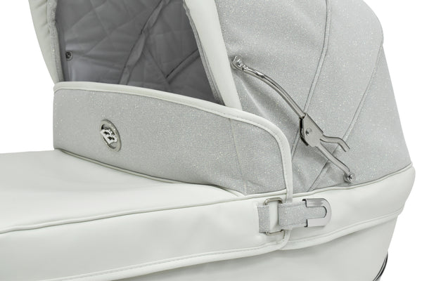 Bebecar Stylo Class Privé baby carriage with silver glitter fabric white leather trim and chrome hardware