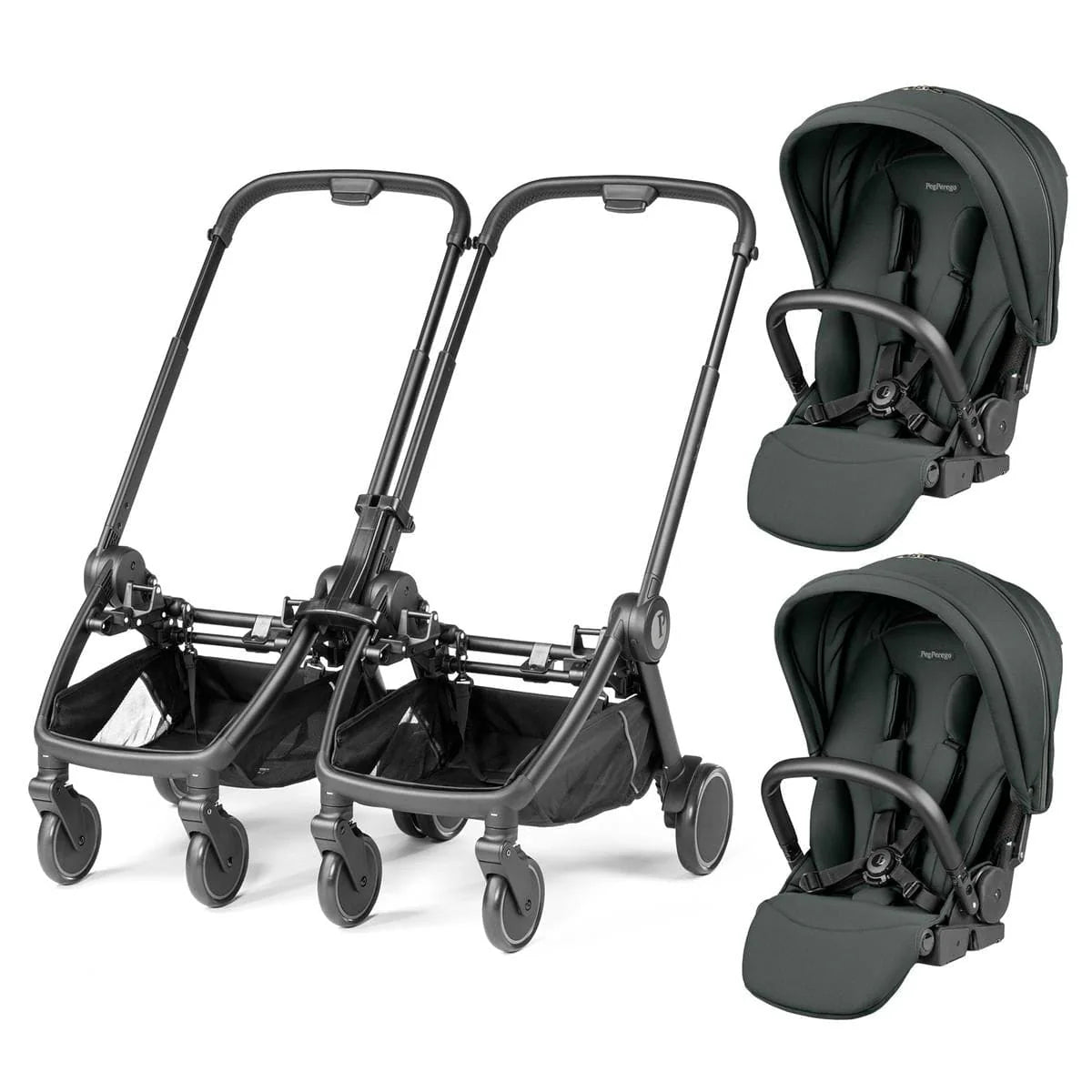 Black peg perego city loop twin 3 in 1 travel system with two detachable metal infant car seats and sleek modern design