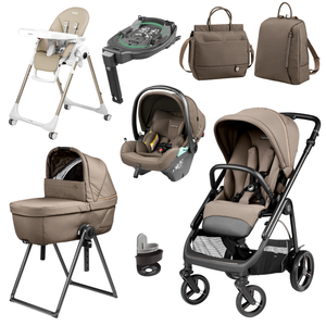 Beige and black peg perego veloce elite stroller with adjustable handlebars and four wheels for easy travel
