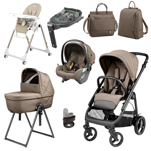Beige and black peg perego veloce elite stroller with adjustable handlebars and four wheels for easy travel